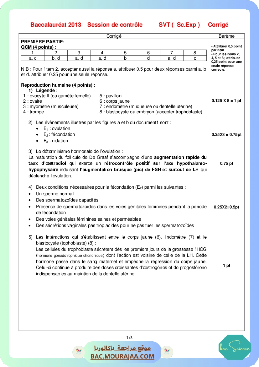 Corrigé controle svt Bac 2013 – Section science